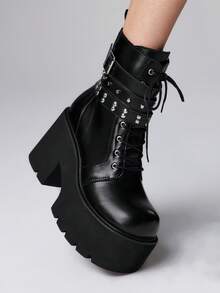 ROMWE 女士厚底搭扣设计时尚朋克风高跟踝靴 - 黑色 - 查看 3