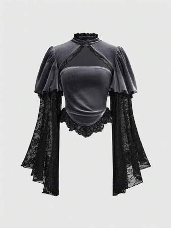 Goth Blusa de mujer con cuello mao, mangas acampanadas, parches de terciopelo y encaje