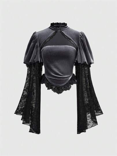 Goth Blouse femme col mao, manches évasées, patchwork de velours et de dentelle