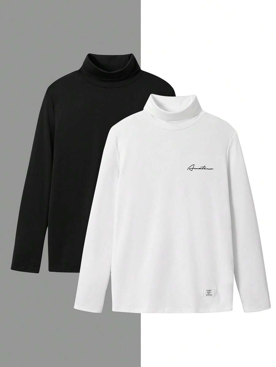 SHEIN 2pcs/Set Teen Boys Turtleneck Thermal Lined Long Sleeve Top,White&Black,Casual Comfortable Ribbed Trim,Suitable For Back-To-School,Autumn,Graduation - Black and White - View 1