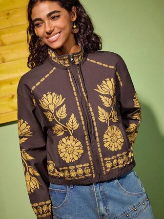 Felipe Marques Women's Floral Print Brown Long Sleeve Regular Jacket, Casual Vacation Wear For Autumn & Winter