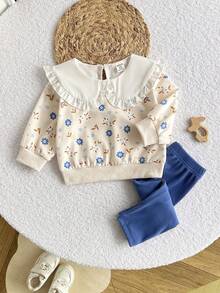 Playful Pals Toddler Girls 2pcs Knitted Long Sleeve Top And Pants Set,Floral Ruffle Shoulder Shirt With Ribbed Leggings,Beige Autumn Cute Modest Matching Family - Multicolor - View 1