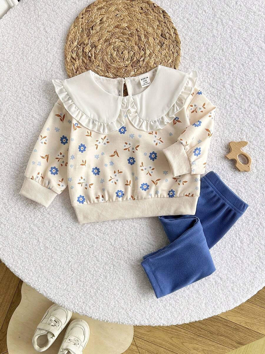 Playful Pals Toddler Girls 2pcs Knitted Long Sleeve Top And Pants Set,Floral Ruffle Shoulder Shirt With Ribbed Leggings,Beige Autumn Cute Modest Matching Family - Multicolor - View 1