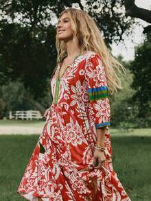 Freevana 女士热带植物印花连衣裙，V领系带蝴蝶结长袖宽松休闲连衣裙，初秋