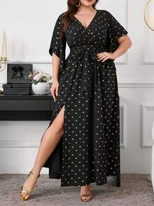 SHEIN Clasi Robe de soirée élégante pour femmes grandes tailles avec nœud papillon, col en V métallique, manches évasées, taille nouée, froncée et fente - Noir - Voir 3