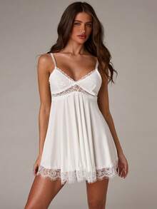 SHEIN BAE 性感蕾丝露背女士家居服仿丝绸睡裙娃娃衫新娘内衣 - 白色 - 查看 5