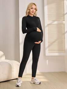 SHEIN Gravida kvinnor, casual enfärgad, termofodrad jumpsuit med dragkedja - Svart - Visa 6