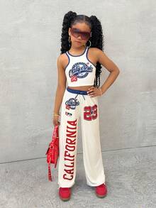 2pcs/Set Tween Girl Casual Street Style Numeric & Letter Print Camisole And Loose Pants Set, Suitable For Street Fashion, Spring/Summer Casual Short Sleeve Outfit - Multicolor - View 1