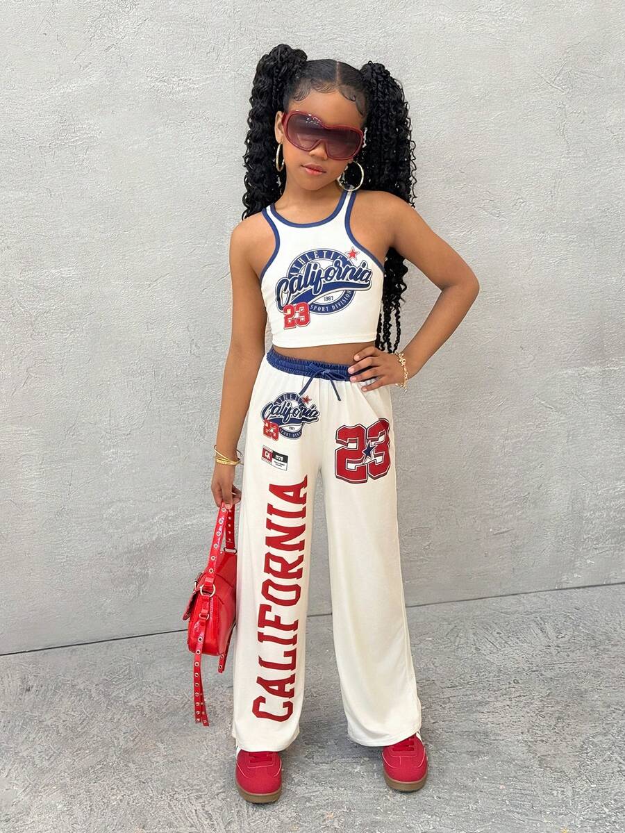 2pcs/Set Tween Girl Casual Street Style Numeric & Letter Print Camisole And Loose Pants Set, Suitable For Street Fashion, Spring/Summer Casual Short Sleeve Outfit - Multicolor - View 1