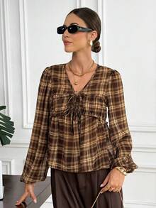 Serisse 女士休闲格纹印花系带荷叶边格纹上衣，棕色长袖上衣，女士棕色衬衫，咖啡棕色上衣，大地色系上衣，灯笼袖衬衫，优雅女士衬衫，泡泡袖衬衫，适合休闲度假，春秋季，法式风格，欧式风格，欧洲度假，秋冬季，女士优雅衬衫，适合所有季节，女士冬季，新年，新年女士，法式休闲通勤，复古，简约，适合日常穿着，法式风格，欧式风格，圣诞度假 - 彩色 - 查看 5