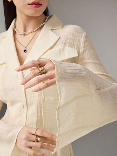 Heiryn 新款春夏休闲优雅通勤、日常约会、生日派对、办公室穿着，简约现代都市知性风，甜美迷人的西装领，V领喇叭长袖A字裙，二合一半裙，透视面料，包包装饰，杏色女士短裙