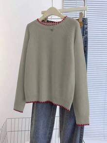 Franclia Cozy Camel Knit Pullover For Women Casual Long Raglan Sleeve Round Neck Regular Length Sweater With Rib-Knit Accents - Camel - View 3
