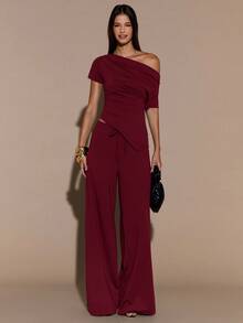 SHEIN BAE Autumn/Winter Solid Brown Sexy Asymmetric Neck Women Short Sleeve Top & Pants 2-Piece Set Autumn/Winter Thermal Thermal Lining Women's Knit 2-Piece Set Basic Knit Women's Asymmetric Neck Top - Burgundy - View 3