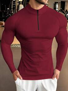 Manfinity Sport Corelite Tee-shirt de sport à manches longues et col montant pour hommes en tissu tricoté extensible. Hauts de compression pour la gym pour hommes. Chemises en spandex pour hommes. Chemise de gym serrée pour hommes. Chemise de compression pour hommes - Rouge - Voir 3