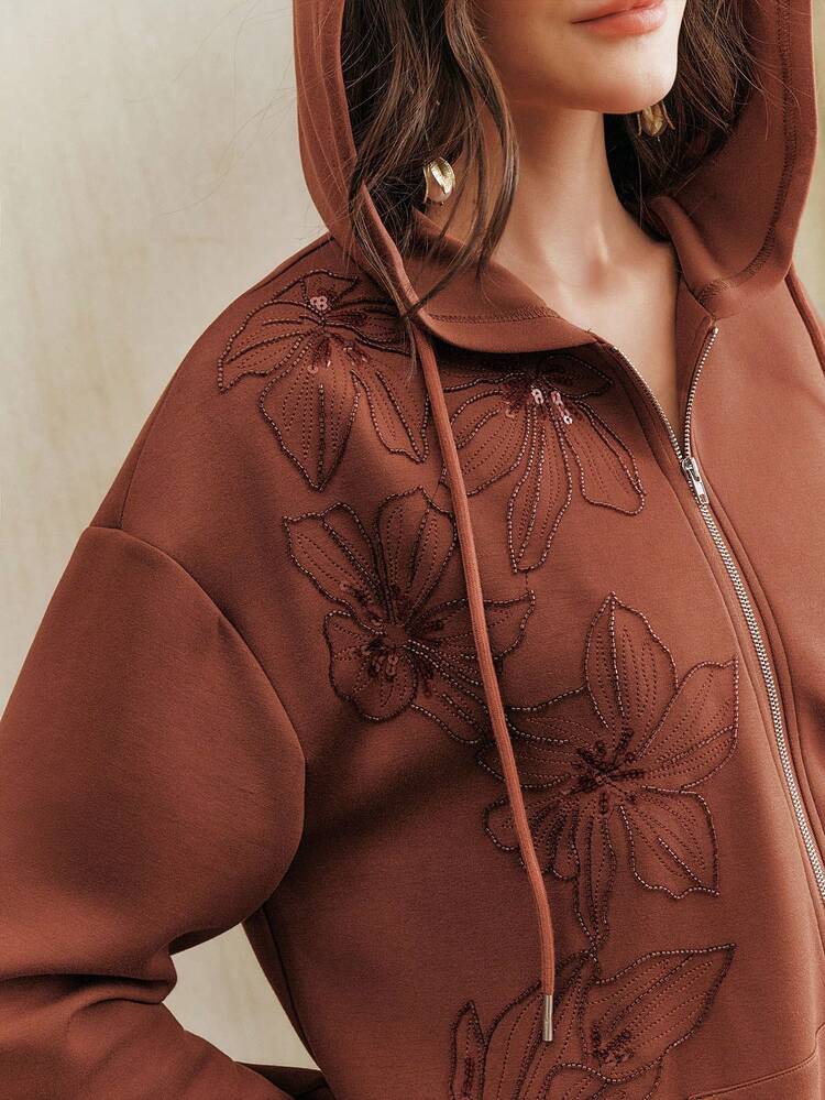 Women's Hooded Zip-Up Sweatshirt With Elegant Floral Embroidery And Sequin Accents, Long Sleeve With Pockets, Suitable From Spring To Summer