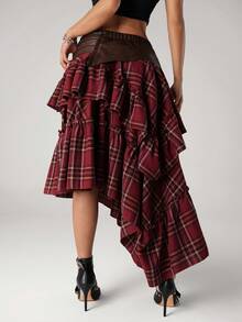 SHEIN ICON Women's Waist Buckle Design Plaid Ruffle Asymmetric Hem Fashionable A-Line Skirt - Brown - View 4