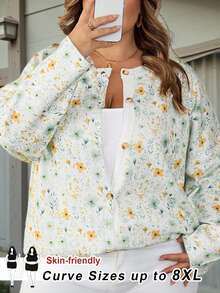 SHEIN CURVE+ 大码植物印花针织开衫，适合秋冬 - 彩色 - 查看 1