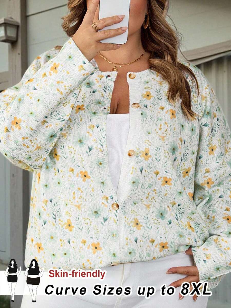 SHEIN CURVE+ 大码植物印花针织开衫，适合秋冬 - 彩色 - 查看 1