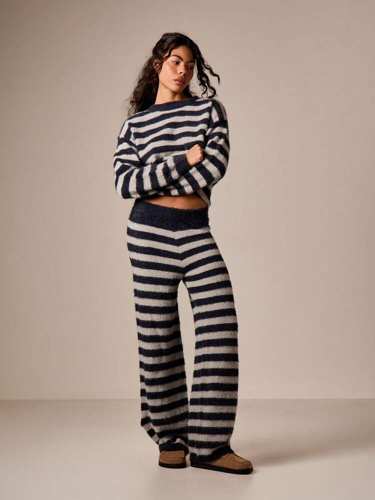 Striped Knit Cropped Sweater And Wide Leg Pants