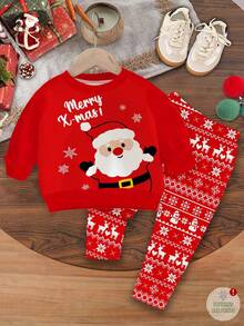 SHEIN 女宝宝圣诞快乐可爱趣味圣诞老人费尔岛图案红色节日套装，包含雪花、驯鹿、圣诞树、雪人等元素，柔软厚实的圆领长袖针织卫衣和打底裤，适合秋冬季女宝宝穿着。这款套装包含女宝宝圣诞休闲裤装、圣诞老人套装、宝宝第一个圣诞节套装和女宝宝长袖圣诞套装。