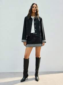 Maija 女士长袖单排扣口袋夹克和中长裙休闲牛仔两件套，都市通勤商务休闲装，优雅适合感恩节、圣诞节、新年派对，休闲时尚 - 黑色 - 查看 5