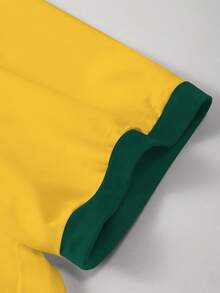 Manfinity Campus Court Men's Patchwork T-Shirt Manfinity Hypemode, Green & Yellow Brazil Football Sports & Letter Print Pattern, Contrast Color Short Sleeve For Men - Multicolor - View 4