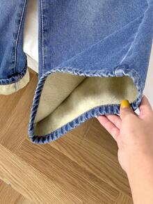 SHEIN 少女蓝色保暖宽松牛仔裤 - 中等水洗藍 - 查看 6