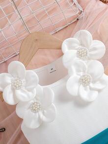 Elladie kids 两件套：女童时尚白色碎花串珠圆领背心和弹力腰带玫红色修身短裤，适合生日、度假、派对、夏季穿着 - 藍色 - 查看 7