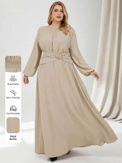 Auralis Plus Size Elegant Long Dress With Round Neck, Drawstring Waist, Ruched Design, Long Sleeve, Textured Fabric, Suitable For Daily Wear, Commute, Office, Spring/Autumn/Bohemian Style, Fitted Waist Umbrella Design, New Long-Sleeved Puff Sleeves, Plus Size / Casual Everyday Wear, Plus Size / Original Ruched / Metal Buckle Decoration
