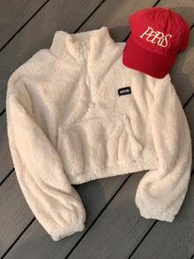 SHEIN EZwear 夏季女装半拉链白色羊毛衫，字母贴片设计，秋冬长袖上衣 - 米色 - 查看 3