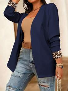EMERY ROSE Plus Size Women Casual Long Sleeve Blazer Jacket With Leopard Print Patchwork - Navy Blue - View 3
