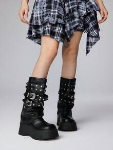 ROMWE Grunge Punk Giày bốt cao đến đầu gối đế dày thoải mái dành cho nữ, thường ngày và đi làm, mùa thu/đông - màu đen - Xem 2