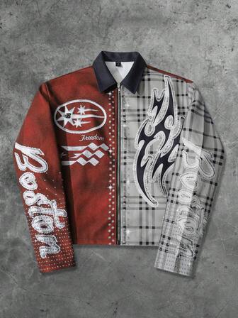 Street Life Giacca con chiusura lampo uomo, stampa a fiamma e quadri a contrasto di colore