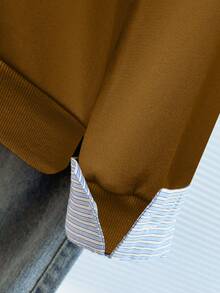 Franclia Striped Print Collared Casual Pullover Sweatshirt - Brown - View 6