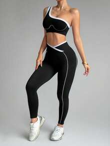 SHEIN Sports 一套无缝单肩上衣，交叉腰带设计，搭配七分柔软修身长裤，女士运动瑜伽跑步健身套装 - 黑色 - 查看 6