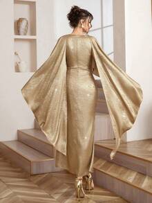 Opuloom 法式奢华露背围巾式连衣裙，高端正式礼服，适合女主人、晚宴、婚礼等场合，褶裥设计，女士奢华长款晚礼服 - 金色 - 查看 2
