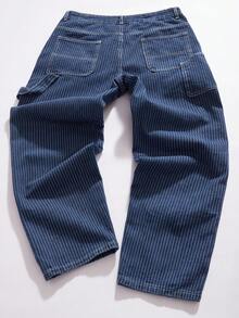 StoneGrade Men's Casual Vertical Striped Multi-Pocket Denim Jeans, Street Fashion , Perfect Holiday Gift For Boyfriend & Husband - Dark Wash - View 3