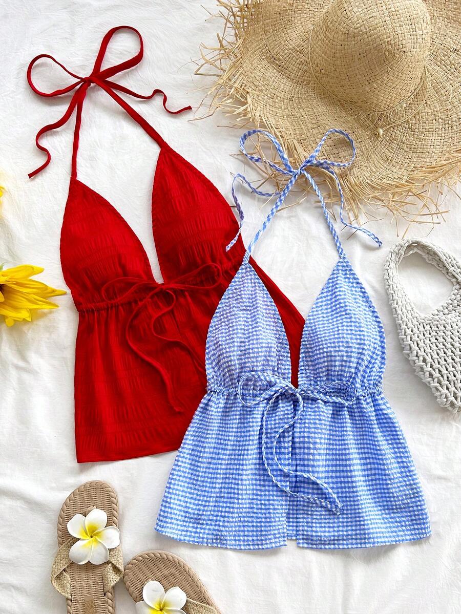 Soleia 两件套度假性感豹纹吊带V领露背系带纹理面料红色吊带背心，适合假日、约会、下午茶、度假、音乐节、波西米亚风等场合。 - 彩色 - 查看 1