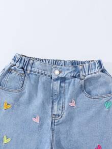Sparklyn Quần jeans ống rộng thời trang cho thiếu nữ, thiết kế mới thêu hình trái tim, quần ống đứng dáng rộng, quần jeans rộng thùng thình cho nữ, quần jeans ống rộng cho bé gái, quần jeans mùa đông, quần jeans lấp lánh dễ thương, màu sáng, họa tiết, ống đứng, chất liệu denim. - Màu xanh lam - Xem 6