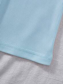 Sparklyn 2pcs/Set Tween GirlsOblique Shoulder Ribbed Fitted Long Sleeve Top + Straight Leg Pants Outfit - Blue - View 3