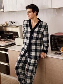 CoupledUp 格子印花拼接长袖长裤男士抓绒睡衣套装 - 彩色 - 查看 4