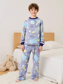 2件套男童夜光法兰绒印花圆领长袖睡衣套装
