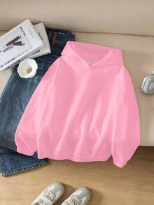 SHEIN Sudadera rosa de manga larga con estampado de eslogan, hombros caídos y corte oversize, para adolescentes, para otoño/invierno - Rosa Fucsia - Ver 3