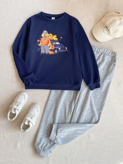 Joliand Joliand 2 件套青少年男孩优雅校园风格休闲都市狗图案海军蓝圆领运动衫和灰色裤子套装，适合外出、聚会、返校、秋冬季