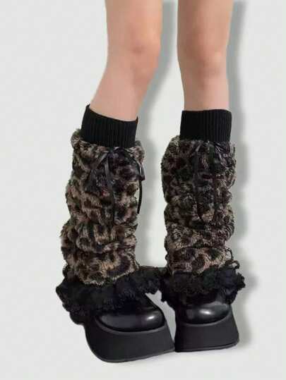 ROMWE Grunge Punk 1pair Leopard Print Stylish And Warm Leg Warmers For Women