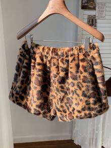 Comfortcana Women's Animal Leopard Print Elastic Waist Loose Plush Shorts, Christmas, Autumn/Winter - Multicolor - View 2