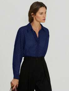 Aveloria Modichic Minimalist All-Match Versatile Black & White Chiffon Polka Dot Sheer Collared Long Sleeve Blouse, Suitable For Spring & Summer - Navy Blue - View 5