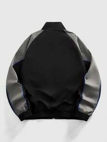 ROMWE MEN Street Life Men's Contrast Color Casual Zip-Up Long Sleeve Jacket - Black - View 2