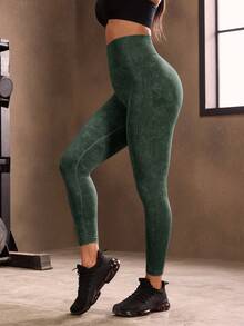 Powerista Solid High Waist Seamless Elastic Washed Leggings Yoga Women Pants - Dark Green - View 5