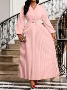 Fleurora 大码纯色褶皱连衣裙，时尚夏季教堂礼服，适合女性节日穿着 - 藕粉色 - 查看 5